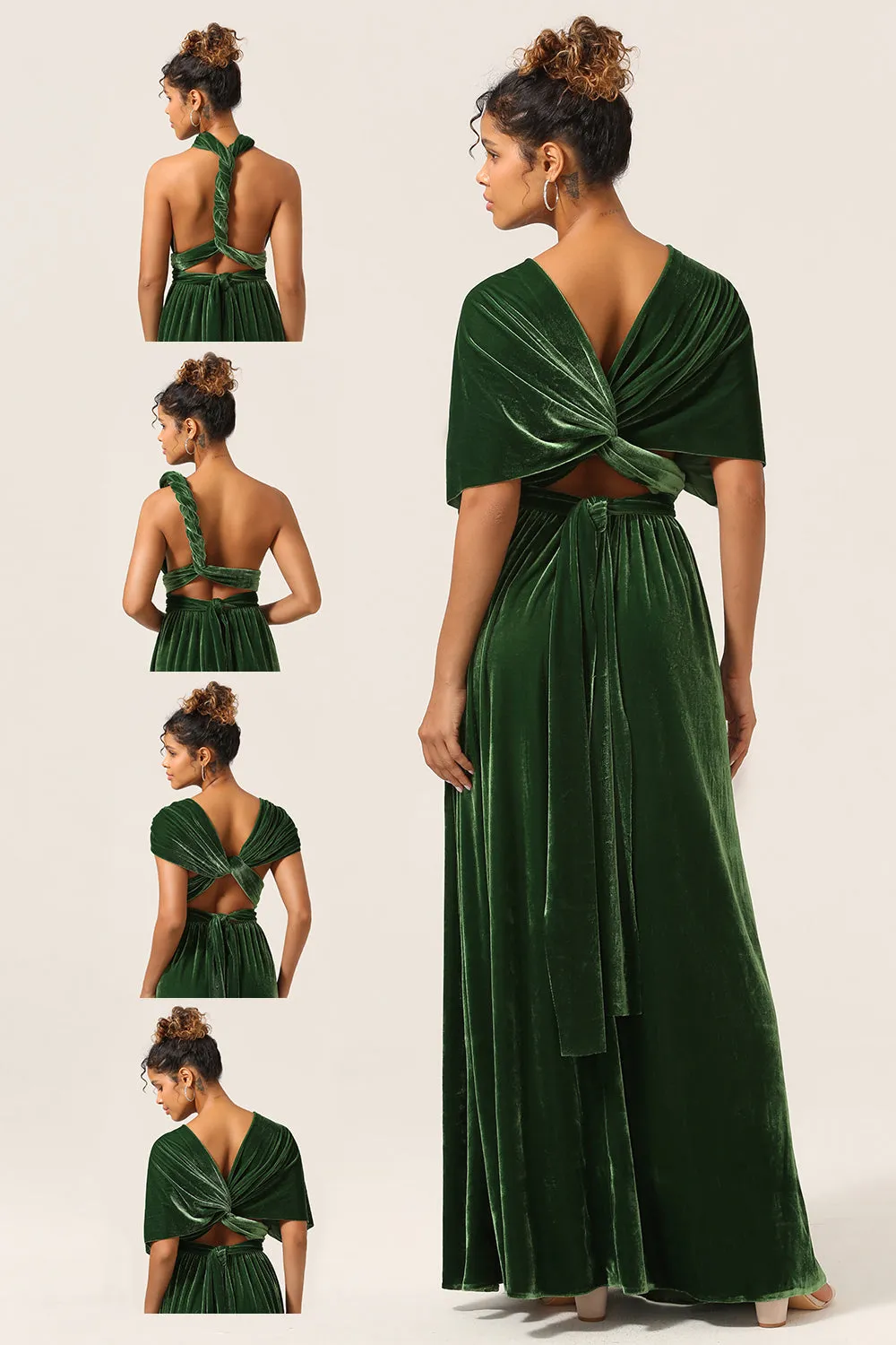 Elegant A Line V Neck Dark Green Covertible Wear Velvet Long Bridesmaid Dress sold by Zapaka product image thumbnail 2