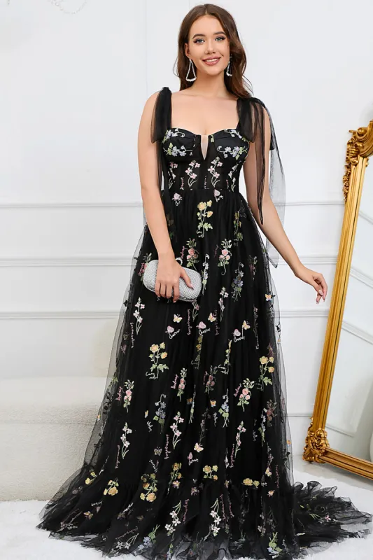 A Line Spaghetti Straps Black Plus Size Prom Dress with Embroidery made by Zapaka