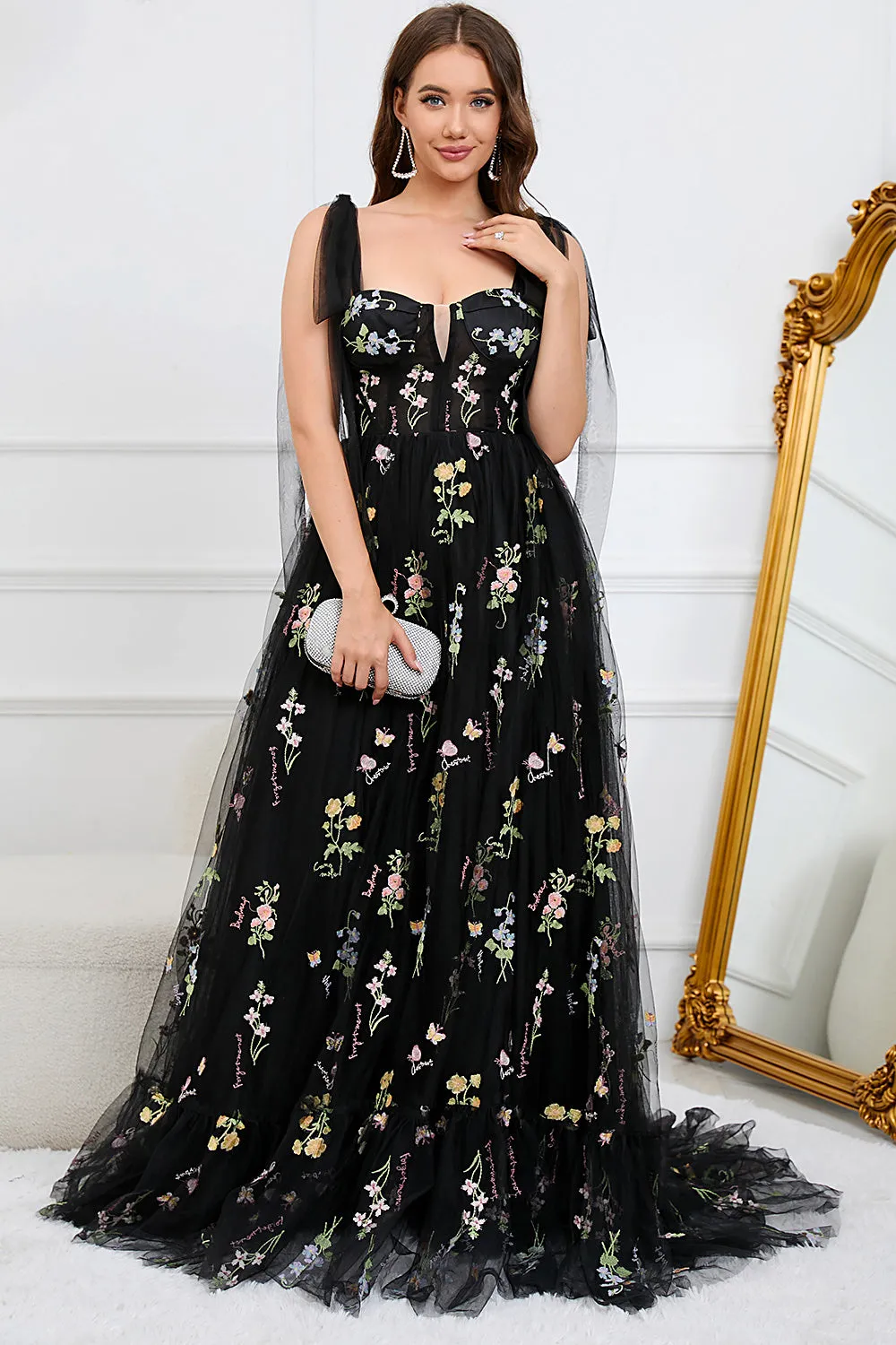A Line Spaghetti Straps Black Plus Size Prom Dress with Embroidery sold by Zapaka product image thumbnail 5