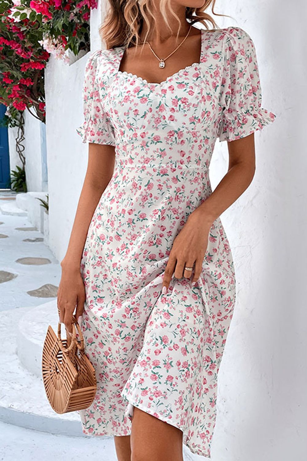 Floral Printed White Short Sleeves Casual Dress sold by Zapaka