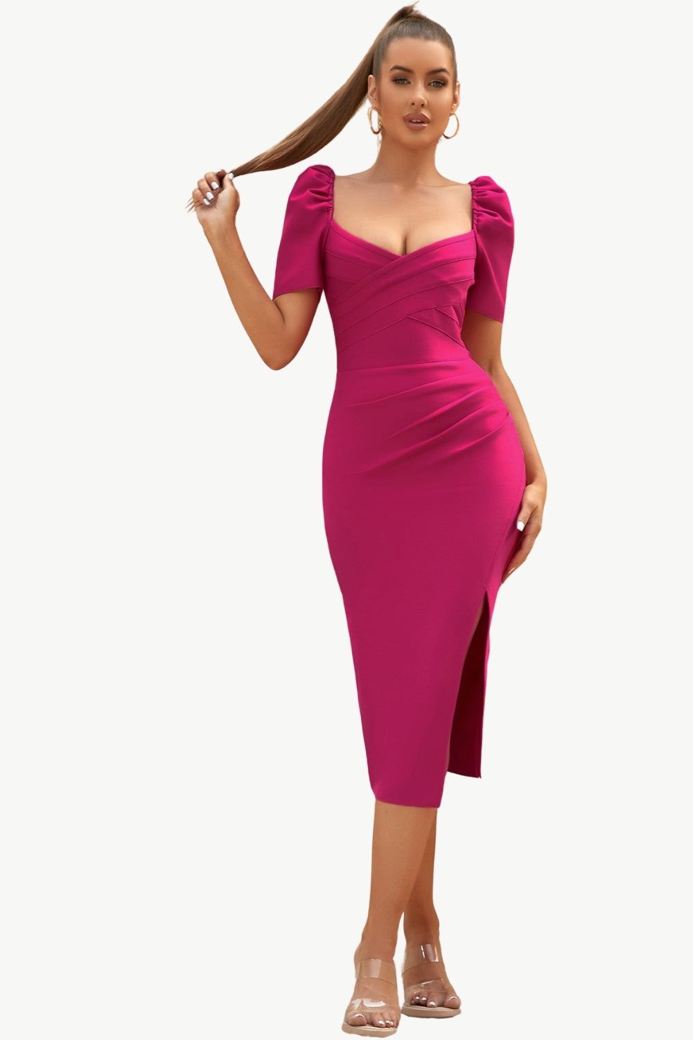 Fuchsia Bodycon Midi Party Dress with Split sold by Zapaka product image thumbnail 2