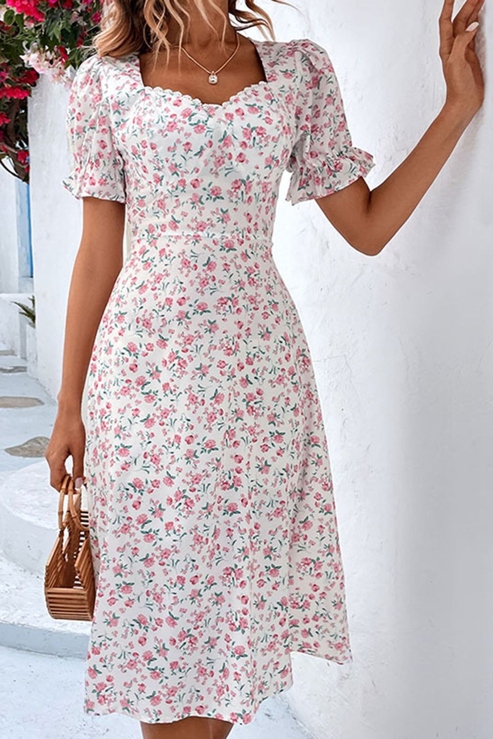 Floral Printed White Short Sleeves Casual Dress sold by Zapaka product image thumbnail 3