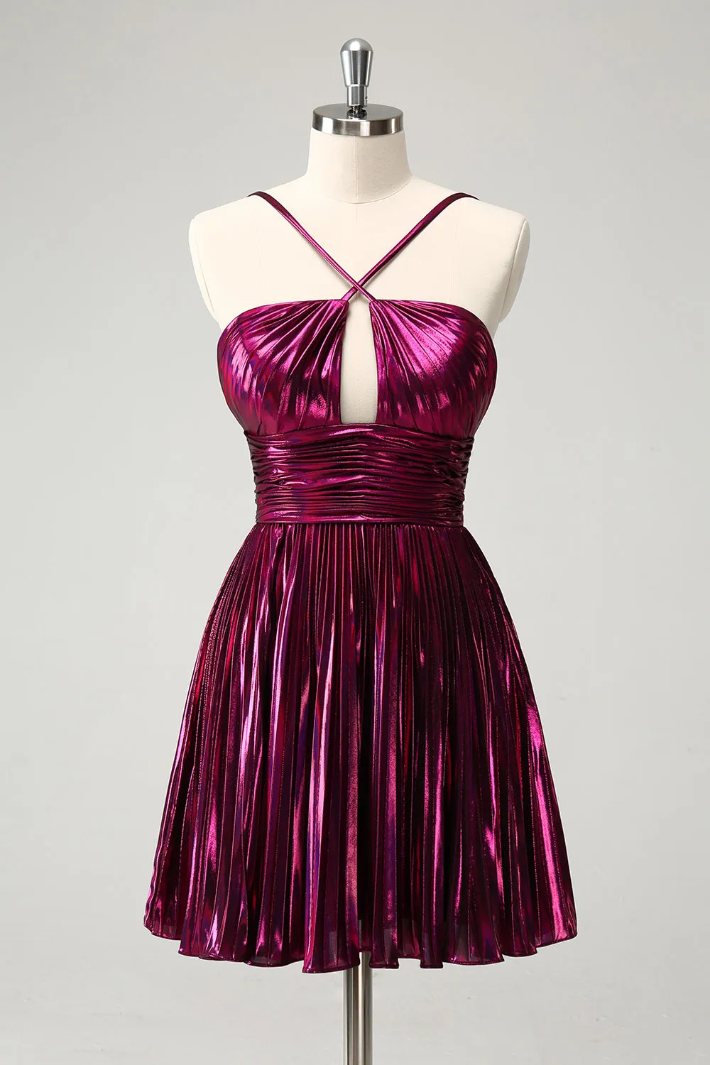 Purple A Line Halter Pleated Short Homecoming Dress With Hollow Out sold by Zapaka