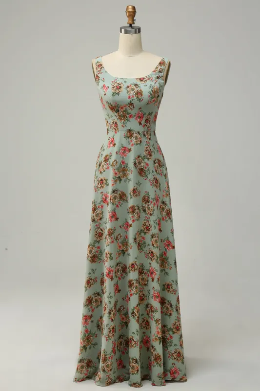 A Line Square Neck Green Floral Long Bridesmaid Dress with Open Back sold by Zapaka