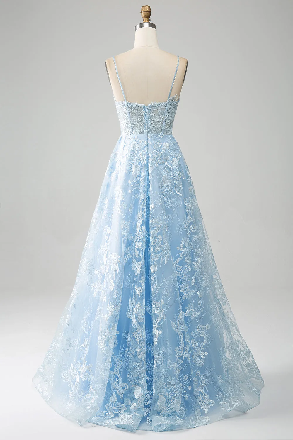 Sky Blue A-Line Spaghetti Straps Lace Long Corset Prom Dress sold by Zapaka product image thumbnail 2