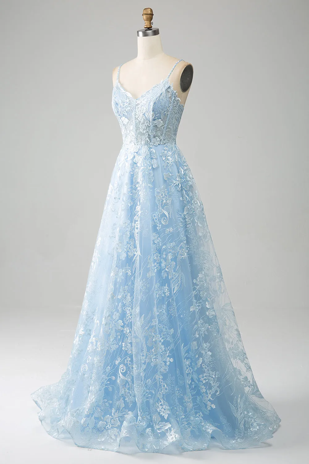 Sky Blue A-Line Spaghetti Straps Lace Long Corset Prom Dress sold by Zapaka product image thumbnail 3