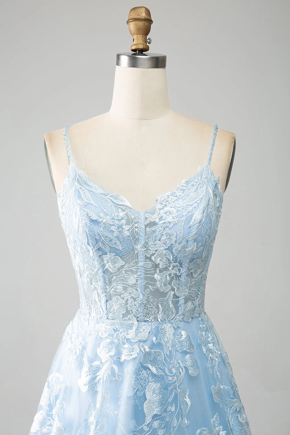 Sky Blue A-Line Spaghetti Straps Lace Long Corset Prom Dress sold by Zapaka product image thumbnail 4
