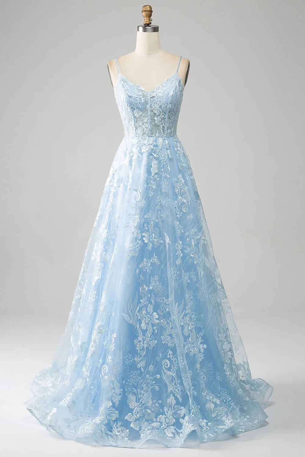 Sky Blue A-Line Spaghetti Straps Lace Long Corset Prom Dress sold by Zapaka