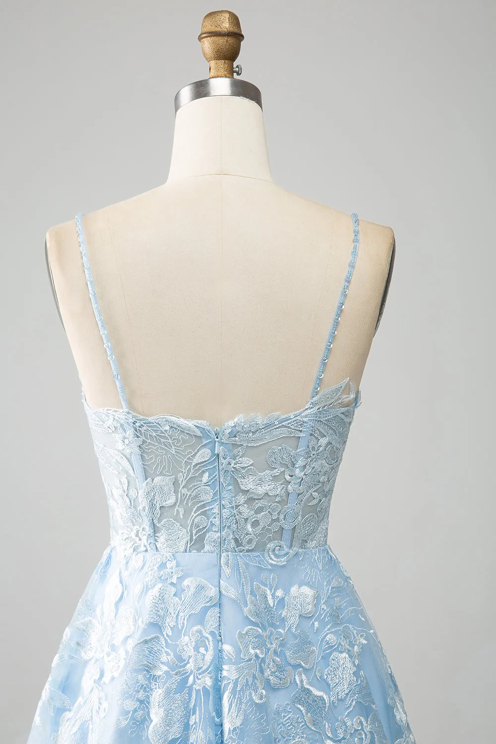 Sky Blue A-Line Spaghetti Straps Lace Long Corset Prom Dress sold by Zapaka product image thumbnail 5