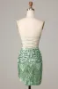 Sparkly Green Bodycon Spaghetti Straps Short Homecoming Dress with Sequins sold by Zapaka