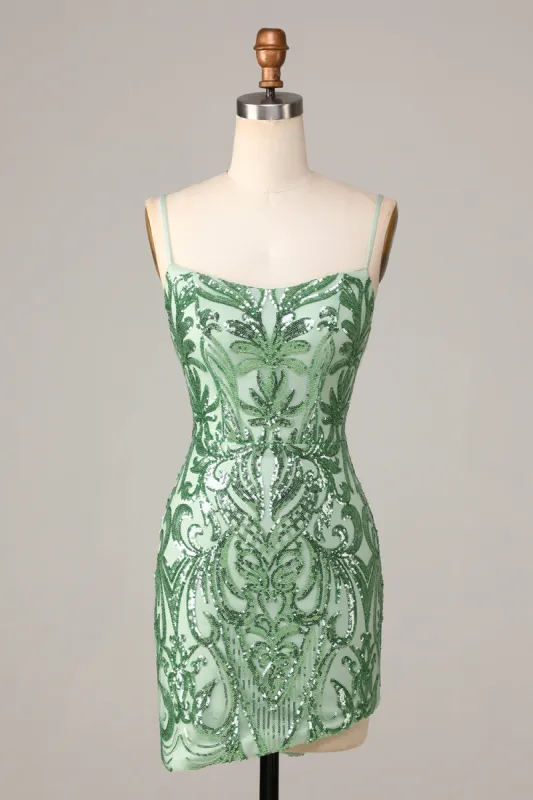 Sparkly Green Bodycon Spaghetti Straps Short Homecoming Dress with Sequins sold by Zapaka