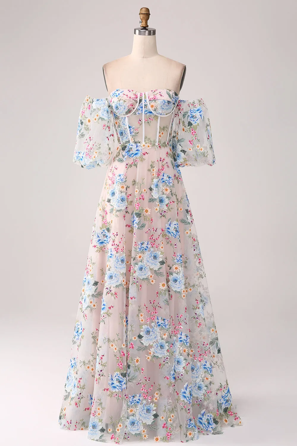 A-Line Apricot Flower Off the Shoulder Long Corset Prom Dress sold by Zapaka