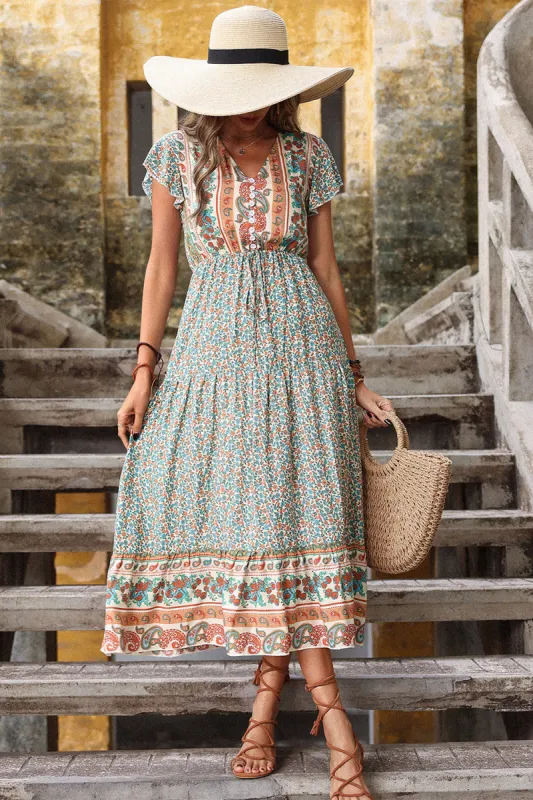 V Neck Green Printed Summer Dress sold by Zapaka