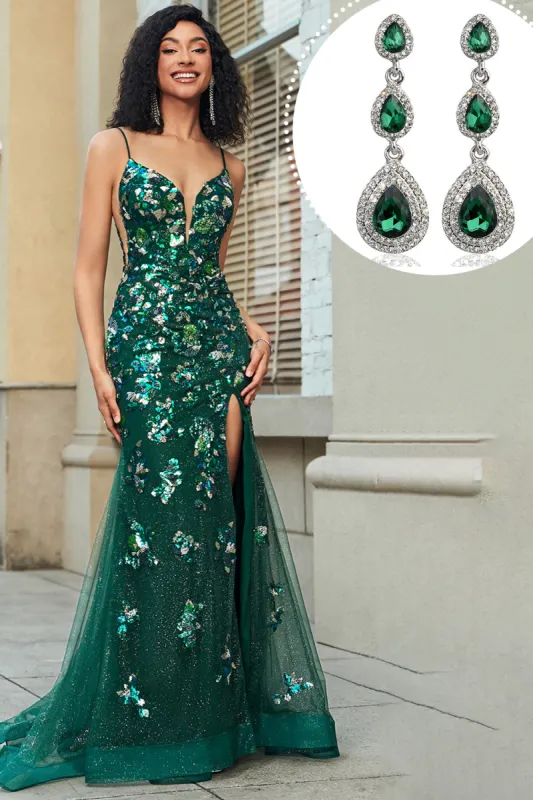 Sparkly Dark Green Mermaid Long Prom Dress with Accessory sold by Zapaka