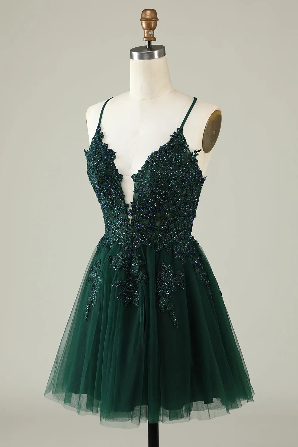 A Line Spaghetti Straps Dark Green Short Homecoming Dress with Appliques sold by Zapaka product image thumbnail 3