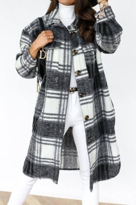 Black Lapel Neck Plaid Long Fleece Women Coat sold by Zapaka