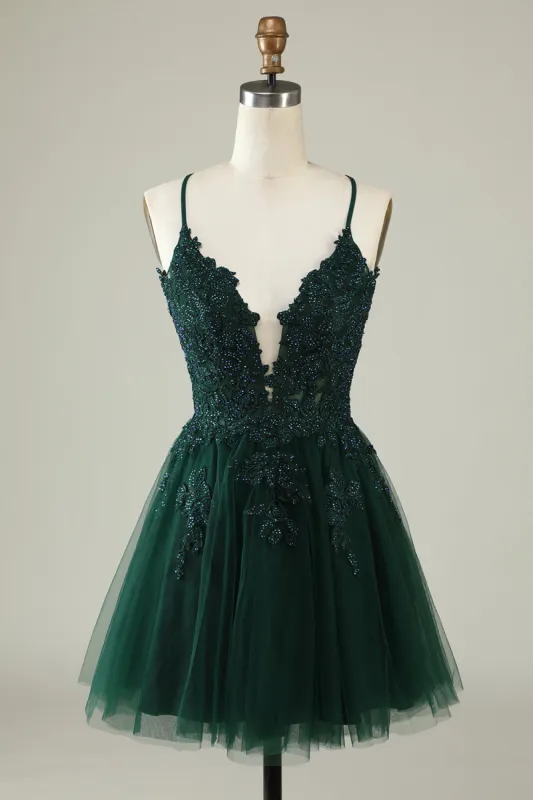 A Line Spaghetti Straps Dark Green Short Homecoming Dress with Appliques sold by Zapaka