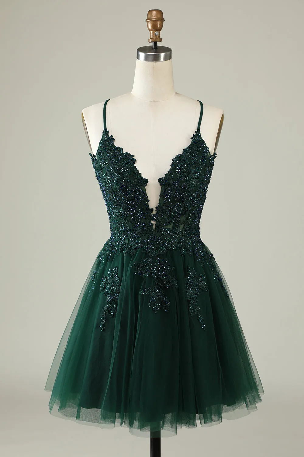 A Line Spaghetti Straps Dark Green Short Homecoming Dress with Appliques sold by Zapaka