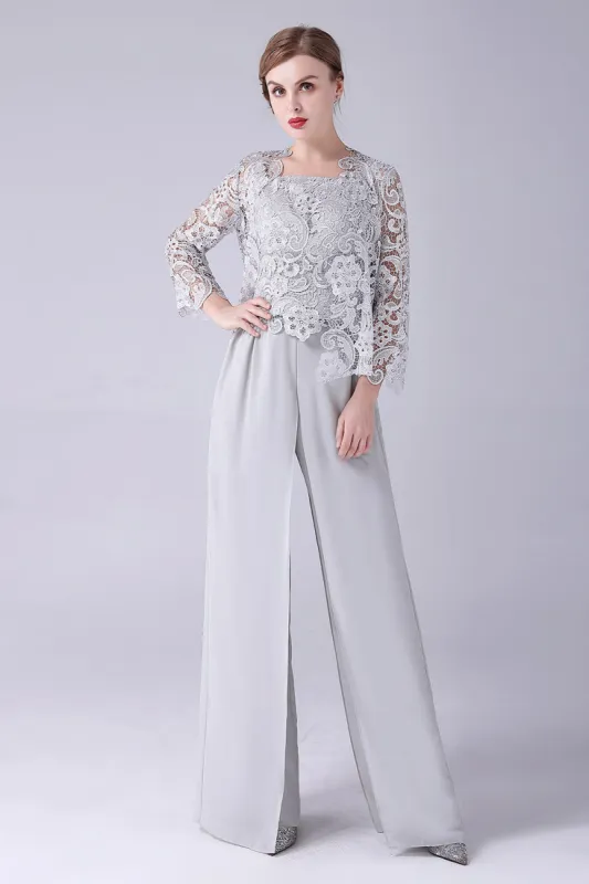 Silver Chiffon Pant and Lace Top Mother of The Bride Pant Suits made by Zapaka
