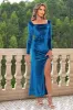 Blue Velvet Square Neck Sheath Holiday Dress With Slit sold by Zapaka