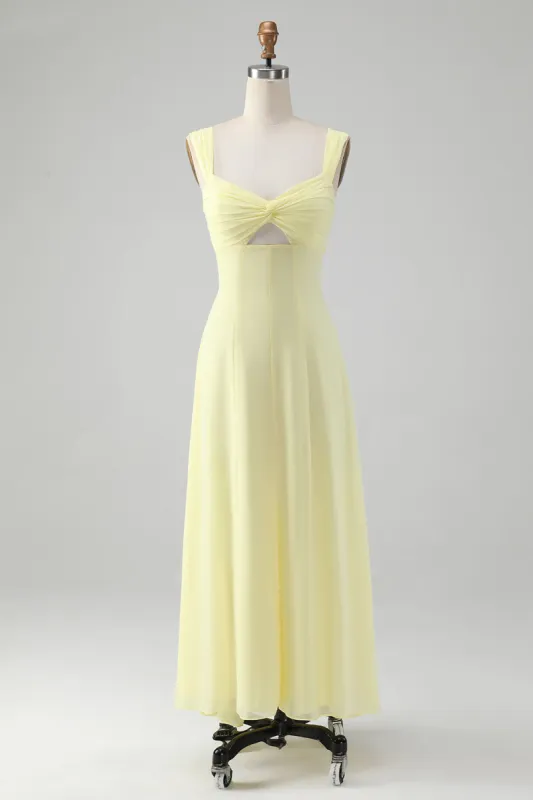 Lemon Yellow Keyhole A Line Long Bridesmaid Dress sold by Zapaka