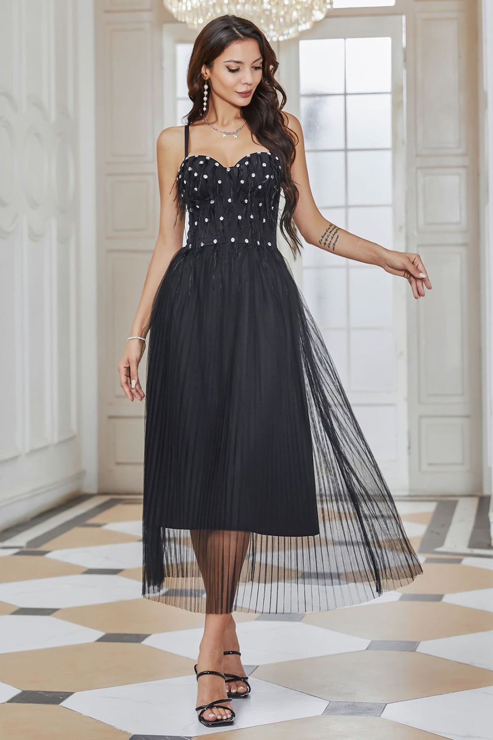 Sparkly Pleated Tulle Little Black Dress with Fringes sold by Zapaka product image thumbnail 4