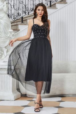 Sparkly Pleated Tulle Little Black Dress with Fringes sold by Zapaka