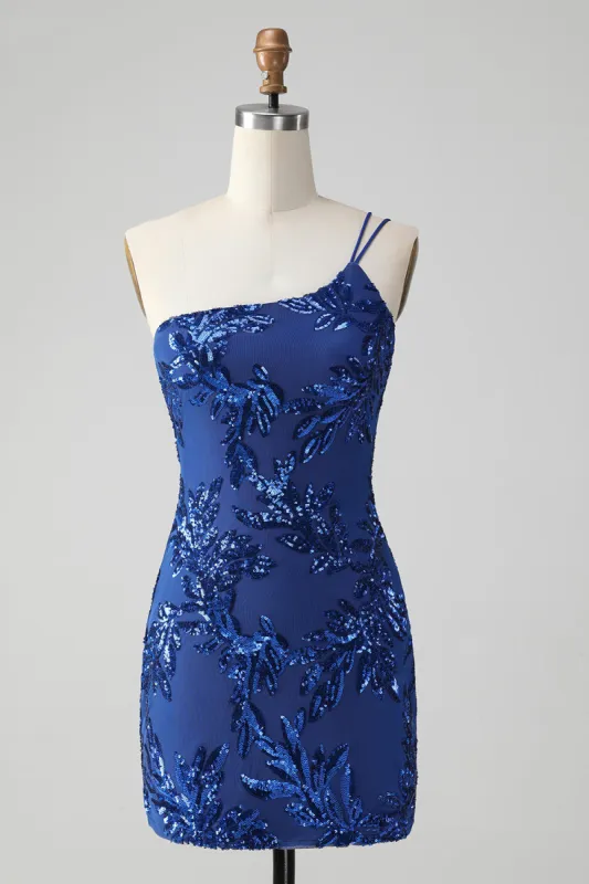 Sparkly Bodycon Royal Blue One Shoulder Sequins Homecoming Dress with Embroidery sold by Zapaka