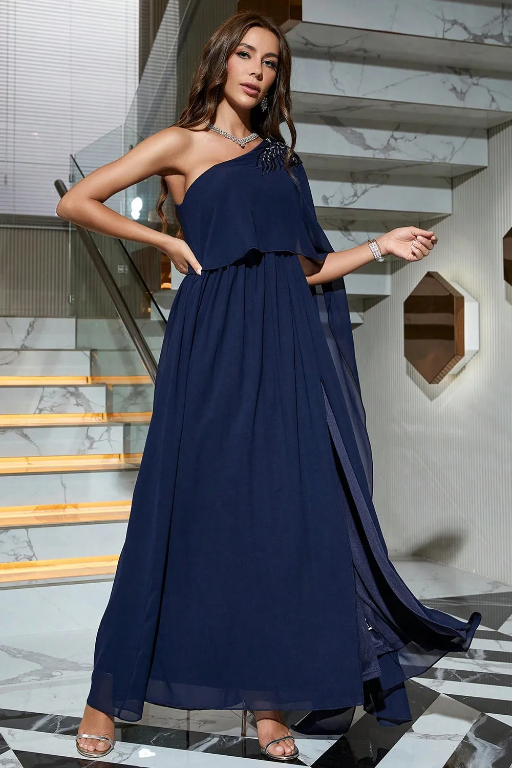 Navy One Shoulder Formal Dress with Slit sold by Zapaka product image thumbnail 4