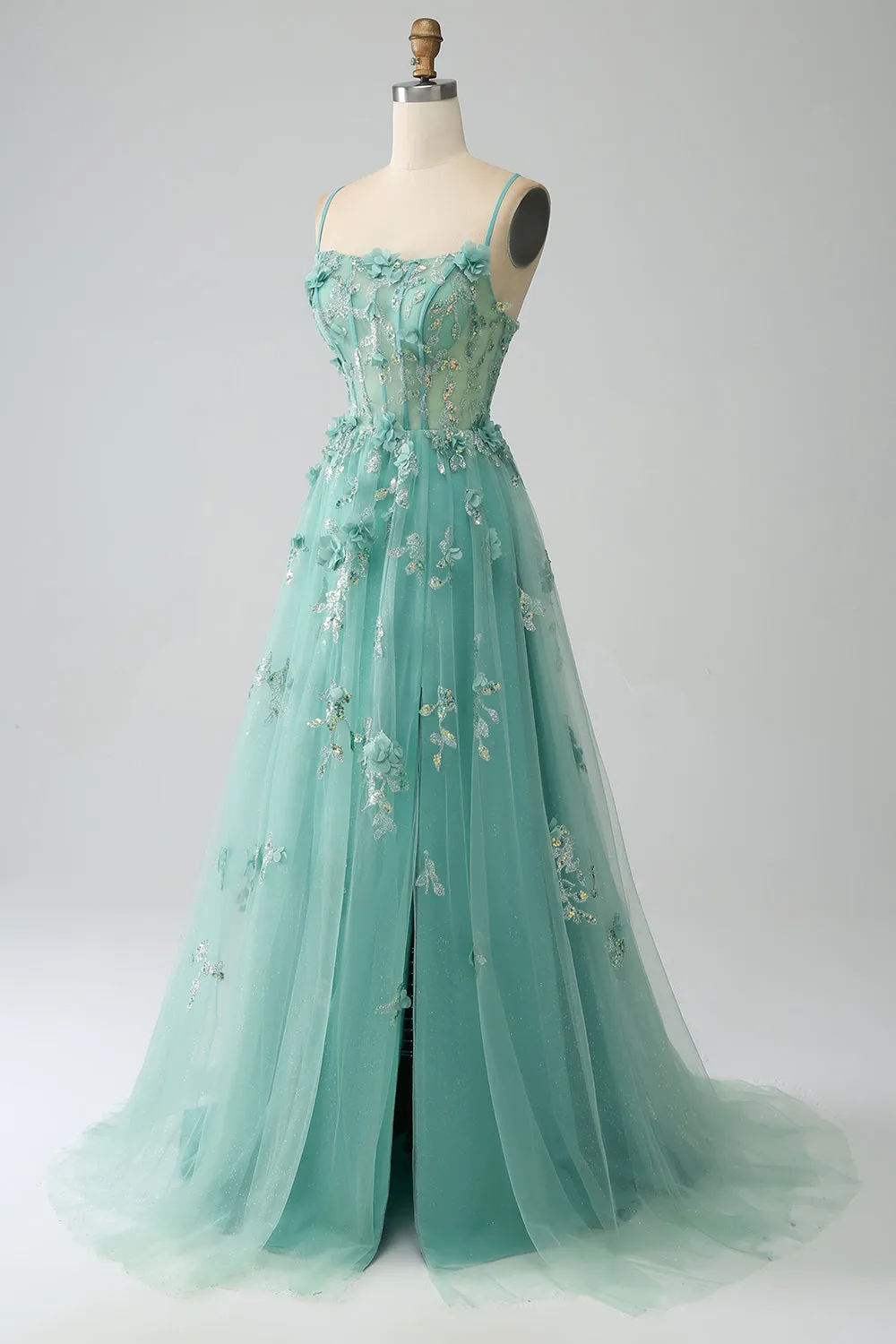 Green A-Line Spaghetti Straps Long Corset Prom Dress with Appliques sold by Zapaka product image thumbnail 3