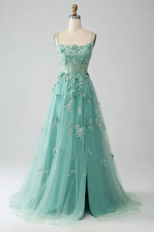 Green A-Line Spaghetti Straps Long Corset Prom Dress with Appliques sold by Zapaka