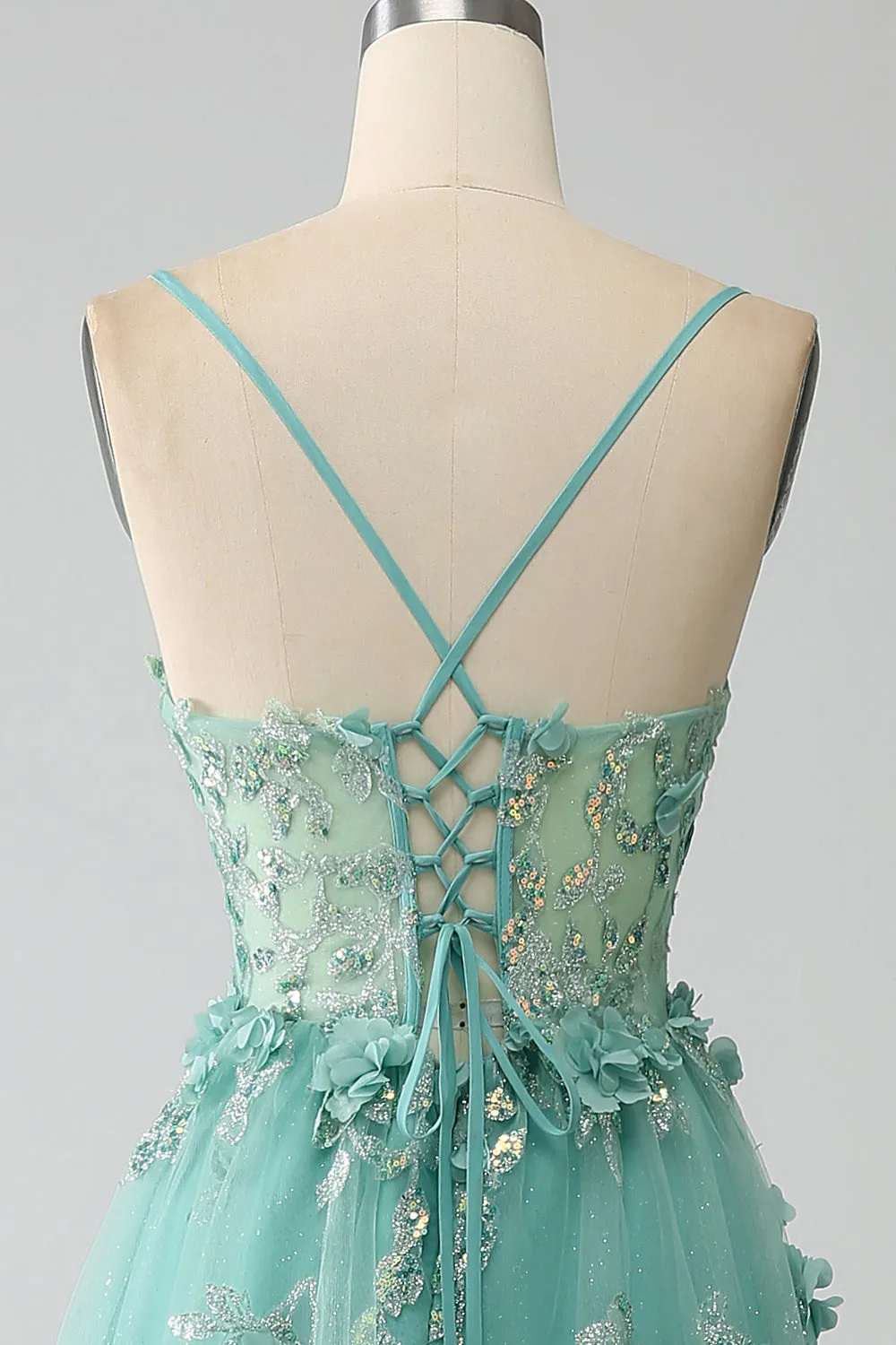 Green A-Line Spaghetti Straps Long Corset Prom Dress with Appliques sold by Zapaka product image thumbnail 5