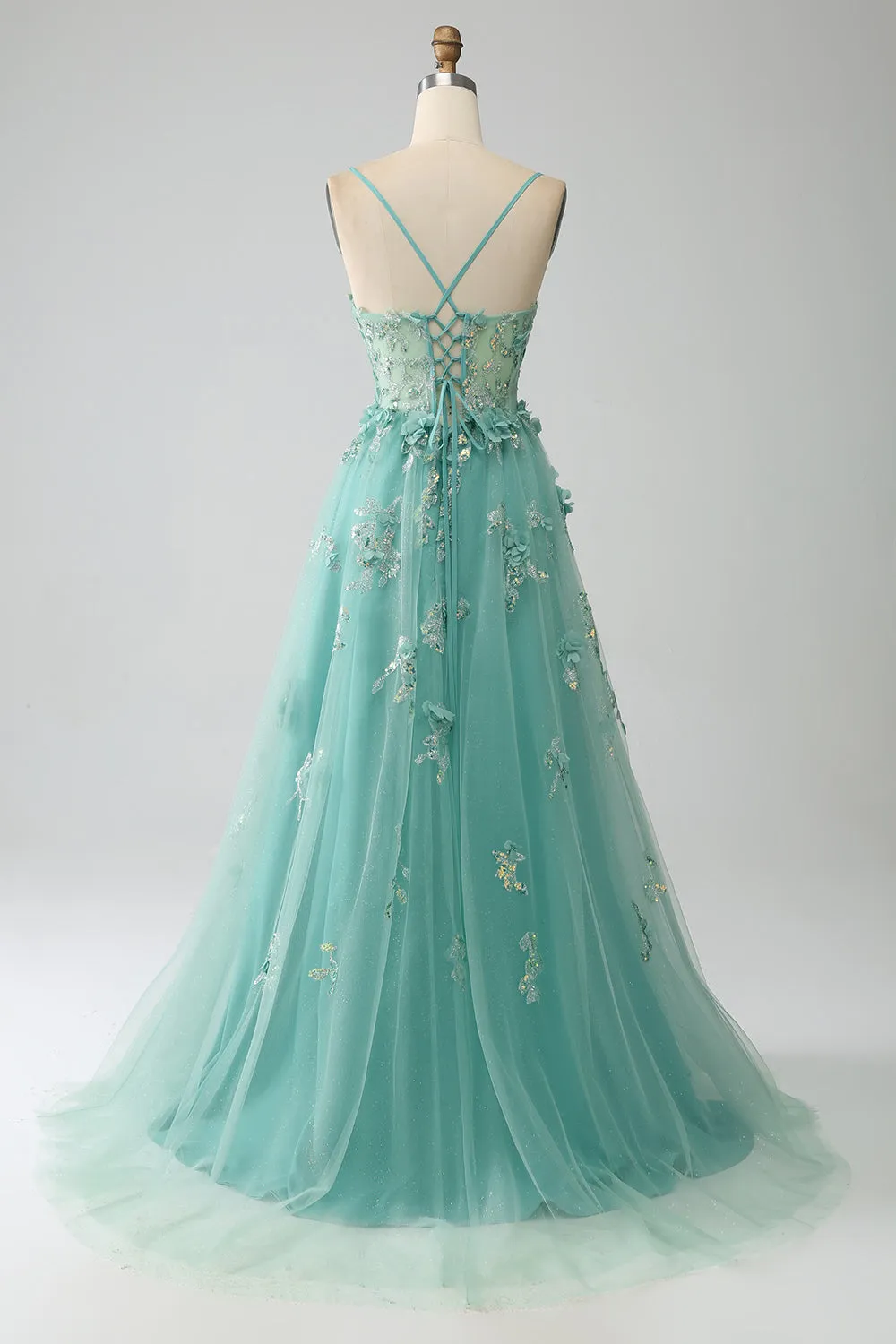 Green A-Line Spaghetti Straps Long Corset Prom Dress with Appliques sold by Zapaka product image thumbnail 2