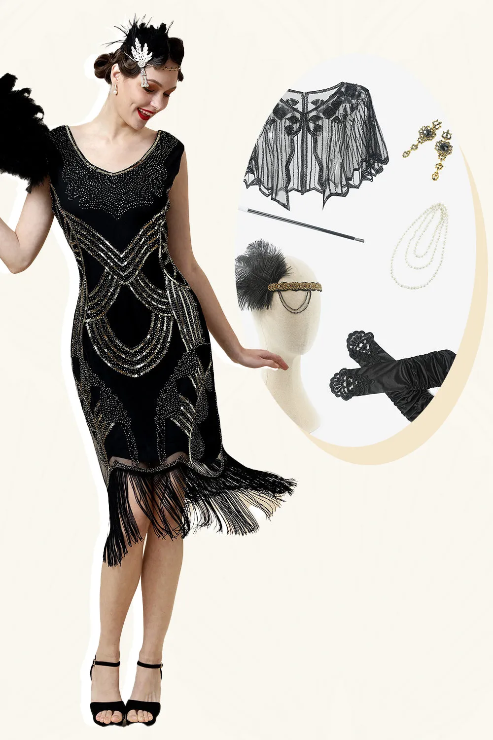 Black Sequined 1920s Gatsby Flapper Party Dress with 20s Accessories Set sold by Zapaka