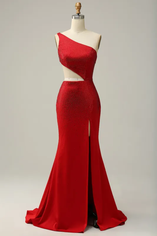 Mermaid One Shoulder Red Cut Out Prom Dress with Beading sold by Zapaka