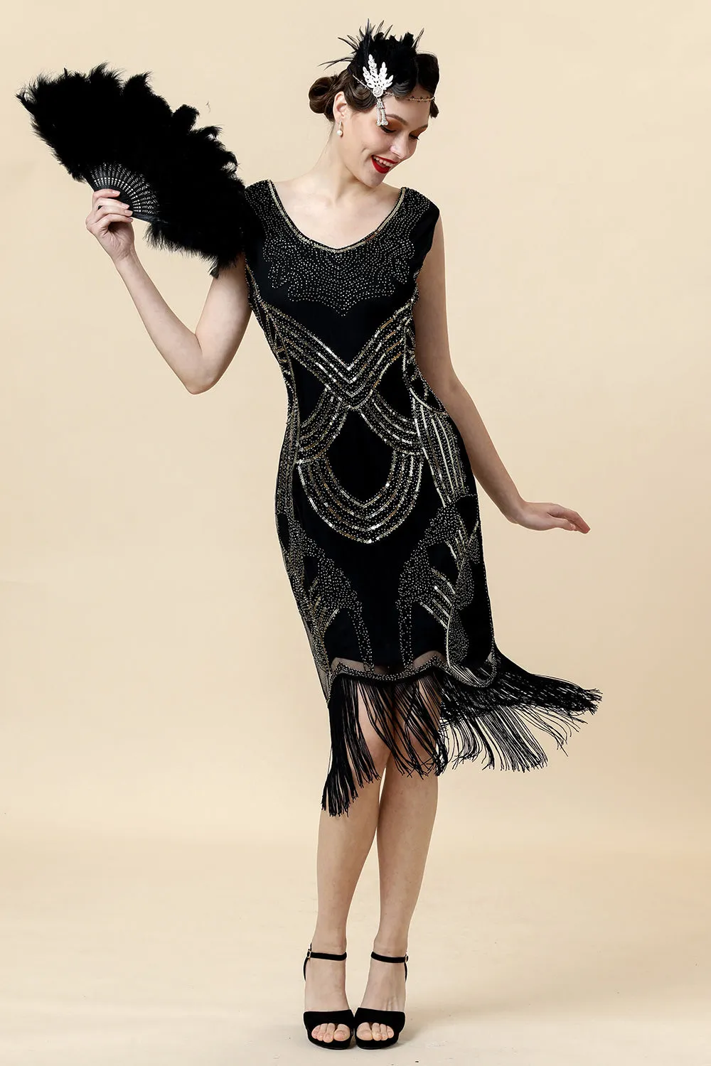 Black Sequined 1920s Gatsby Flapper Party Dress with 20s Accessories Set sold by Zapaka product image thumbnail 2