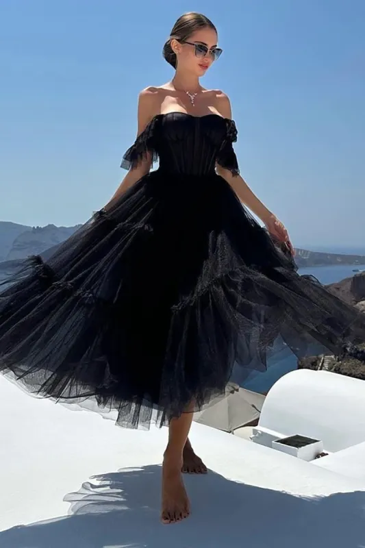 Black A-Line Sweetheart Midi Tulle Cocktail Dress sold by Zapaka