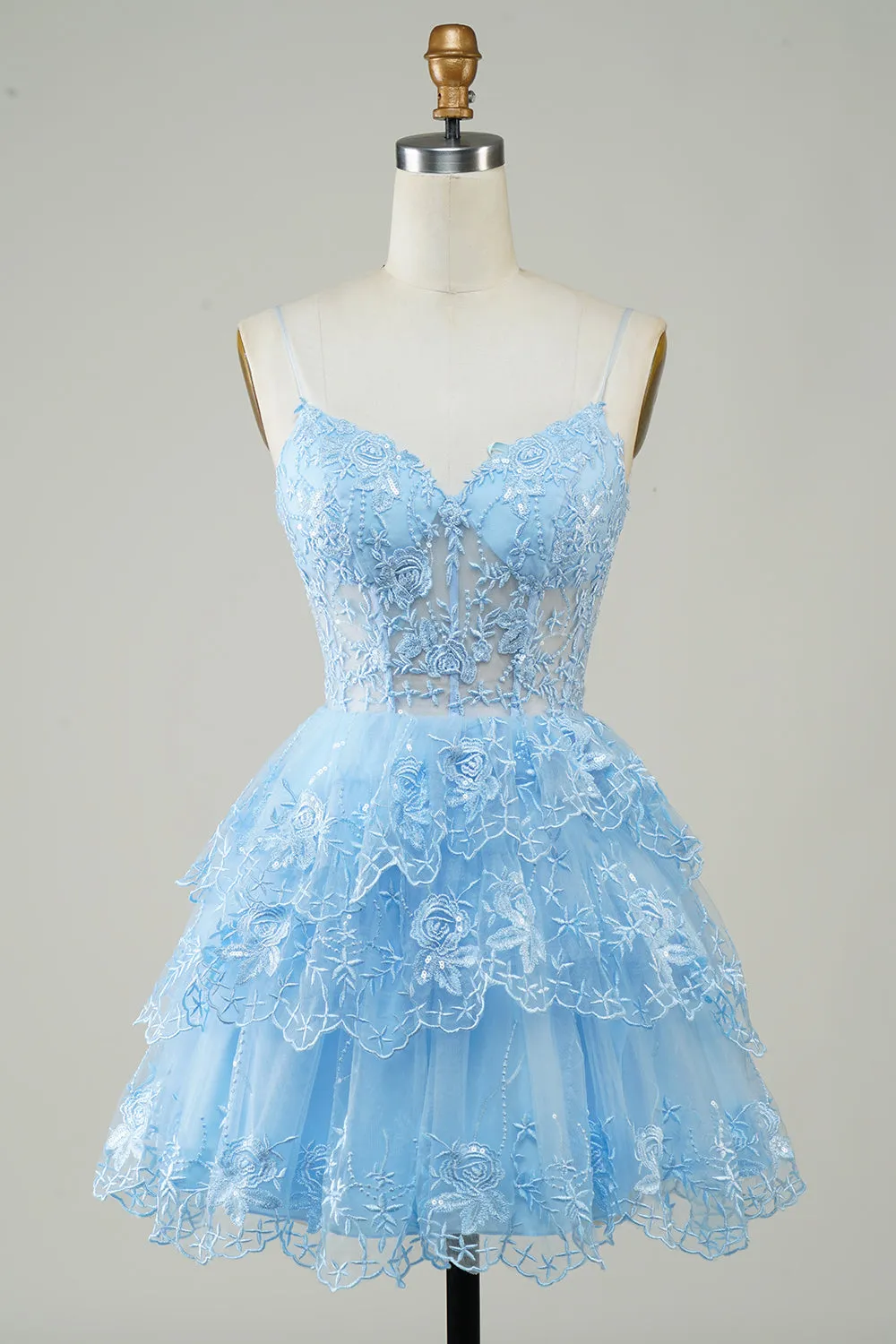 Gorgeous A Line Spaghetti Straps Blue Sparkly Corset Homecoming Dress sold by Zapaka