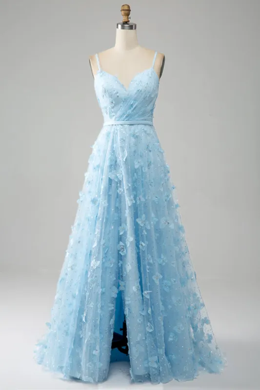 Sky Blue A Line Spaghetti Straps Sparkly Beaded Prom Dress with 3D Butterflies sold by Zapaka