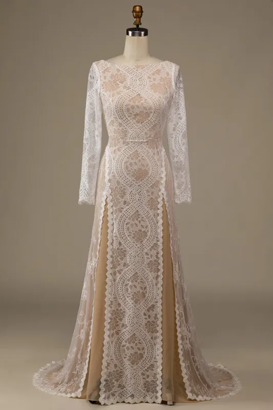 Champagne Long Sleeves Lace Sweep Train Wedding Dress sold by Zapaka