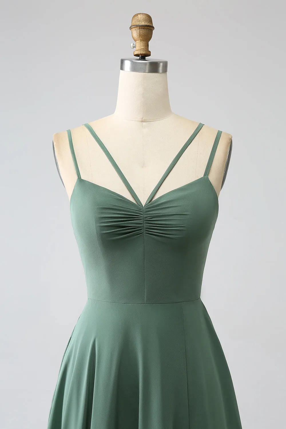 Eucalyptus A-Line Spaghetti Straps Backless Pleated Long Bridesmaid Dress sold by Zapaka product image thumbnail 4