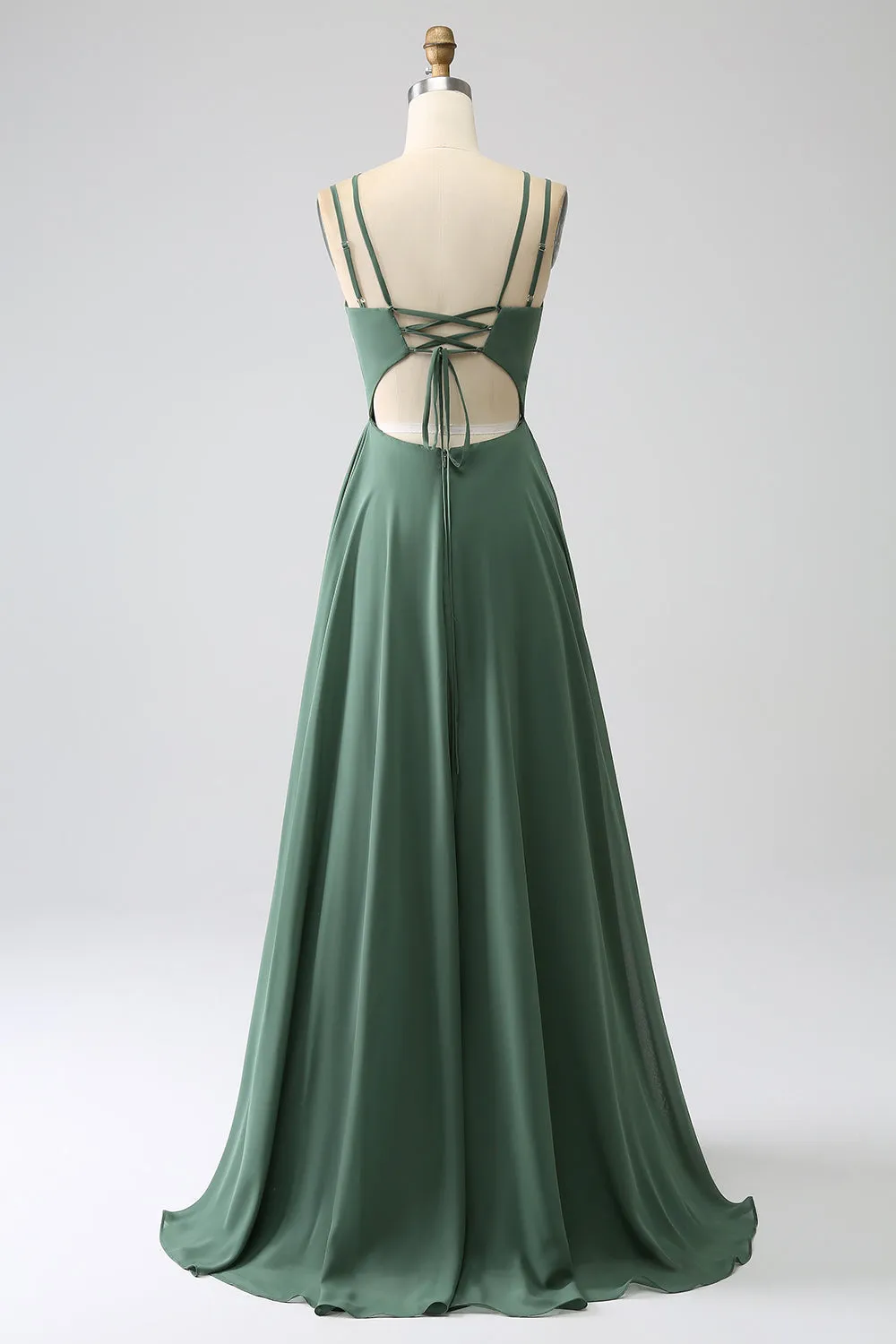 Eucalyptus A-Line Spaghetti Straps Backless Pleated Long Bridesmaid Dress sold by Zapaka product image thumbnail 2