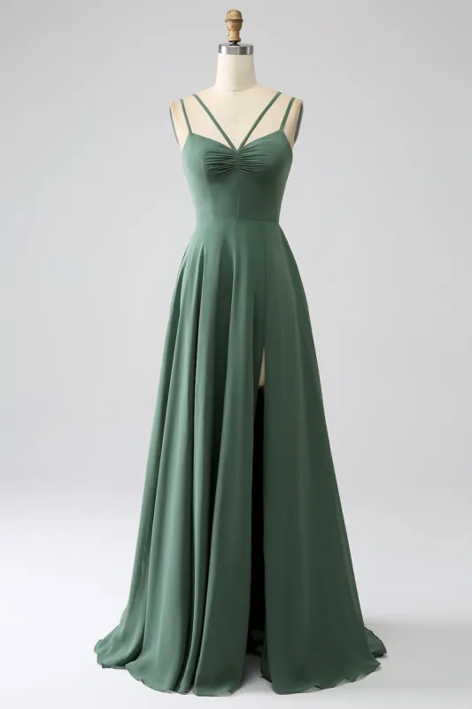 Eucalyptus A-Line Spaghetti Straps Backless Pleated Long Bridesmaid Dress sold by Zapaka