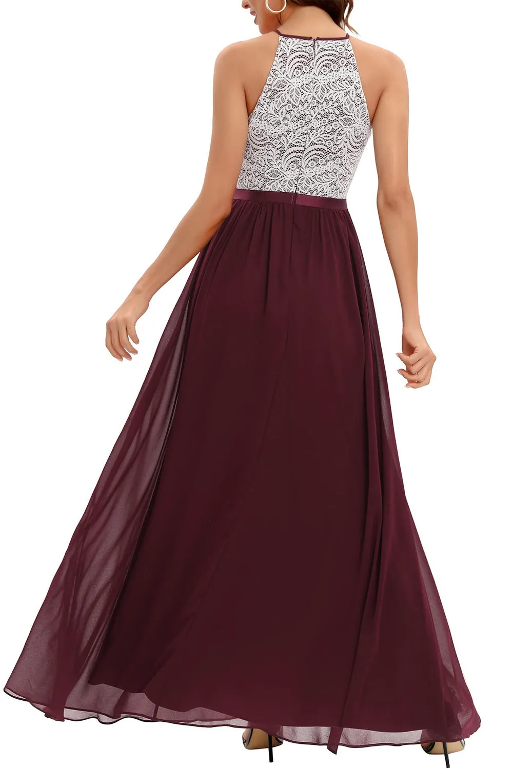 Burgundy A Line Halter Long Bridesmaid Dress with Lace sold by Zapaka product image thumbnail 2