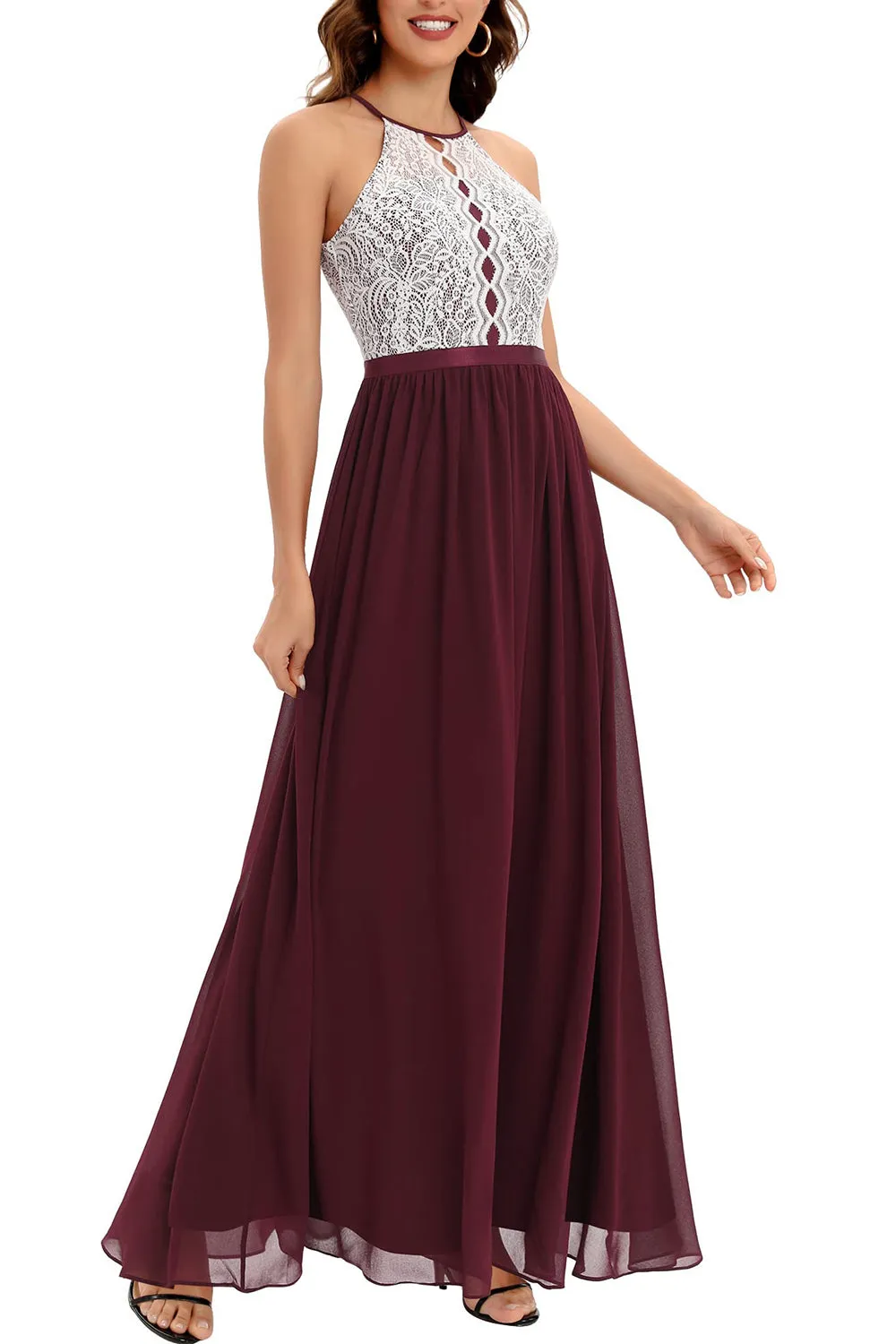 Burgundy A Line Halter Long Bridesmaid Dress with Lace sold by Zapaka product image thumbnail 3