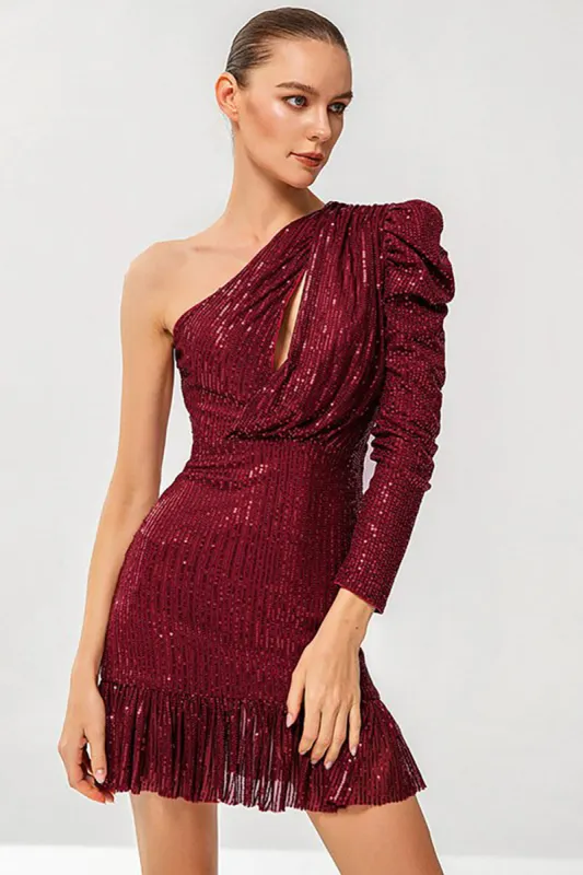 One Shoulder Sparkly Red Short Homecoming Dress sold by Zapaka