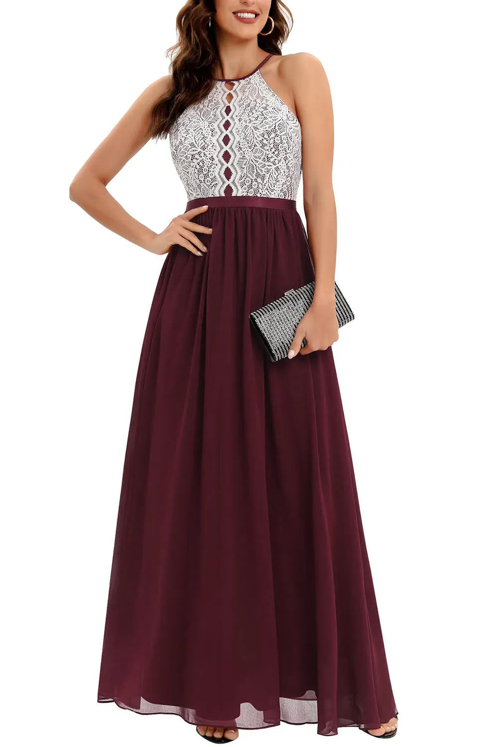 Burgundy A Line Halter Long Bridesmaid Dress with Lace sold by Zapaka