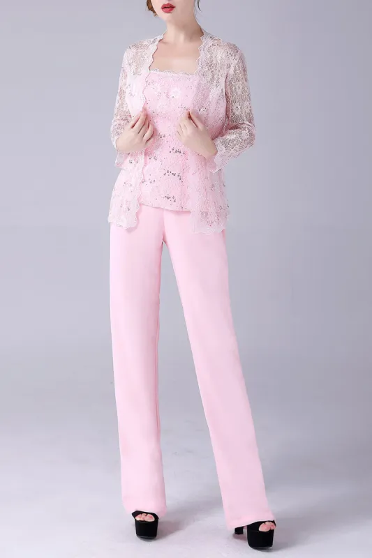 Pink 3 Pieces Lace Coat Mother of the Bride Pant Suits sold by Zapaka
