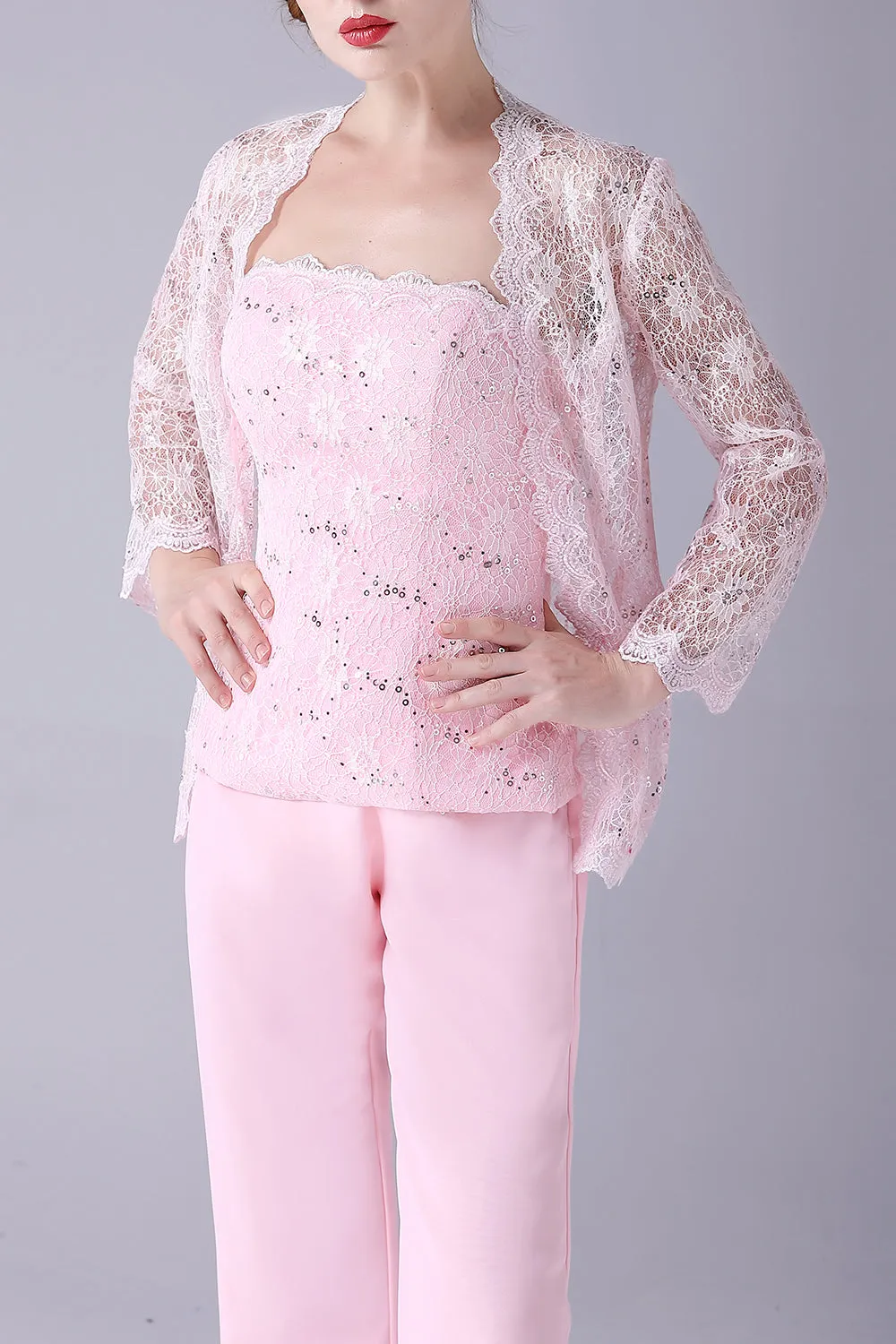 Pink 3 Pieces Lace Coat Mother of the Bride Pant Suits sold by Zapaka product image thumbnail 5