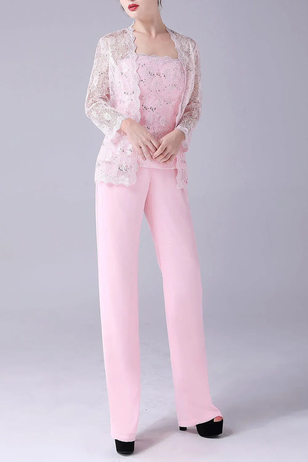 Pink 3 Pieces Lace Coat Mother of the Bride Pant Suits sold by Zapaka product image thumbnail 2